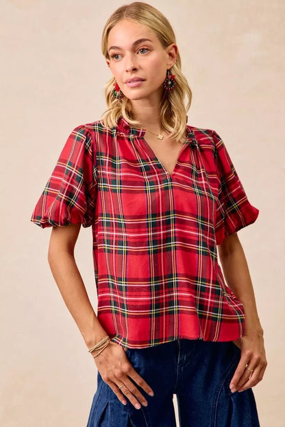 BiBi Christmas Plaid Short Sleeves Ruffled Blouse - Bitsy Gypsy Boutique