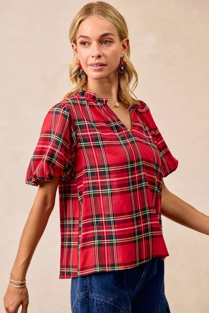 BiBi Christmas Plaid Short Sleeves Ruffled Blouse - Bitsy Gypsy Boutique