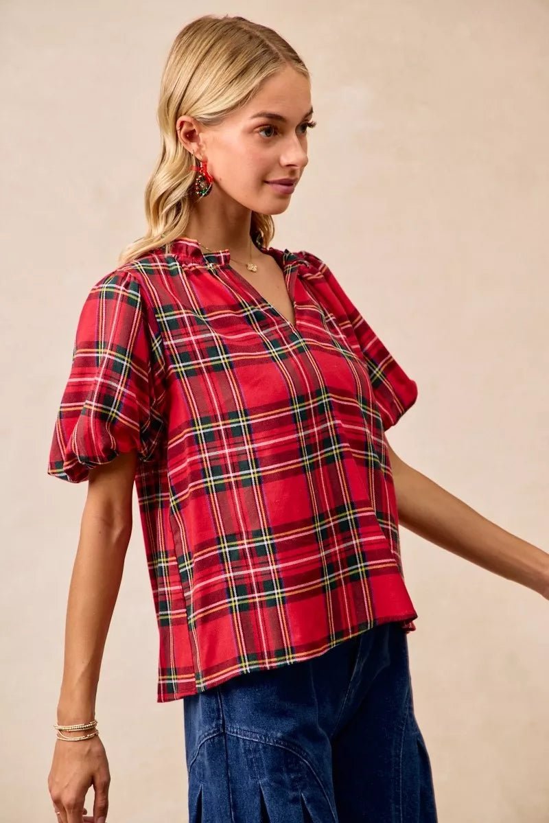 BiBi Christmas Plaid Short Sleeves Ruffled Blouse - Bitsy Gypsy Boutique