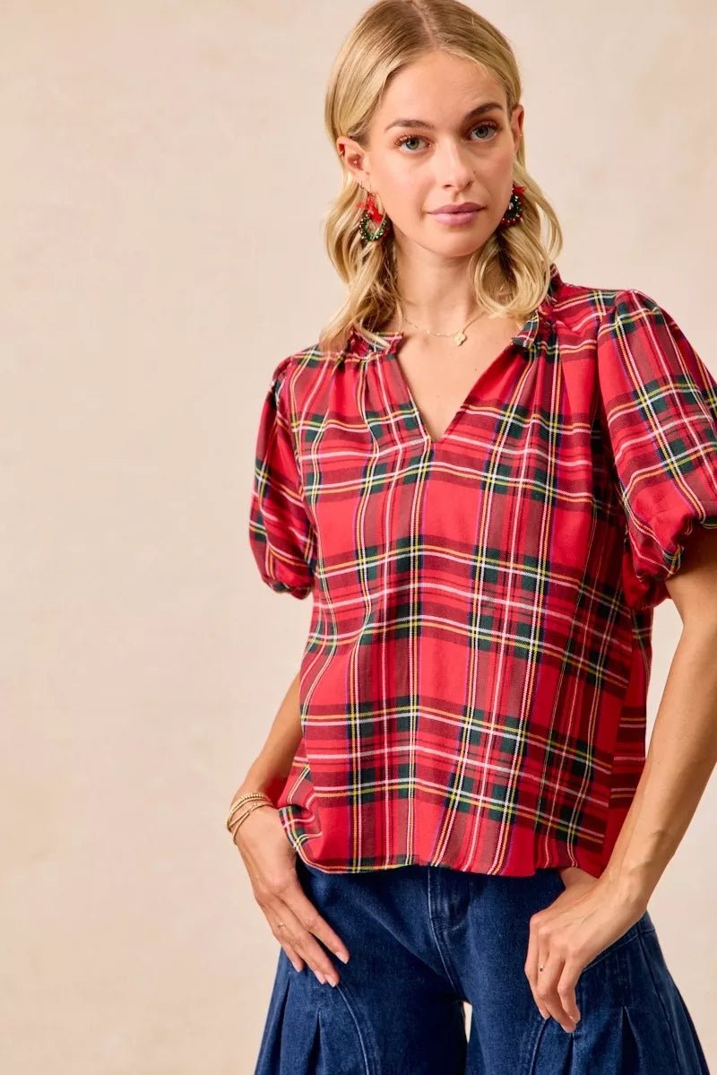 BiBi Christmas Plaid Short Sleeves Ruffled Blouse - Bitsy Gypsy Boutique