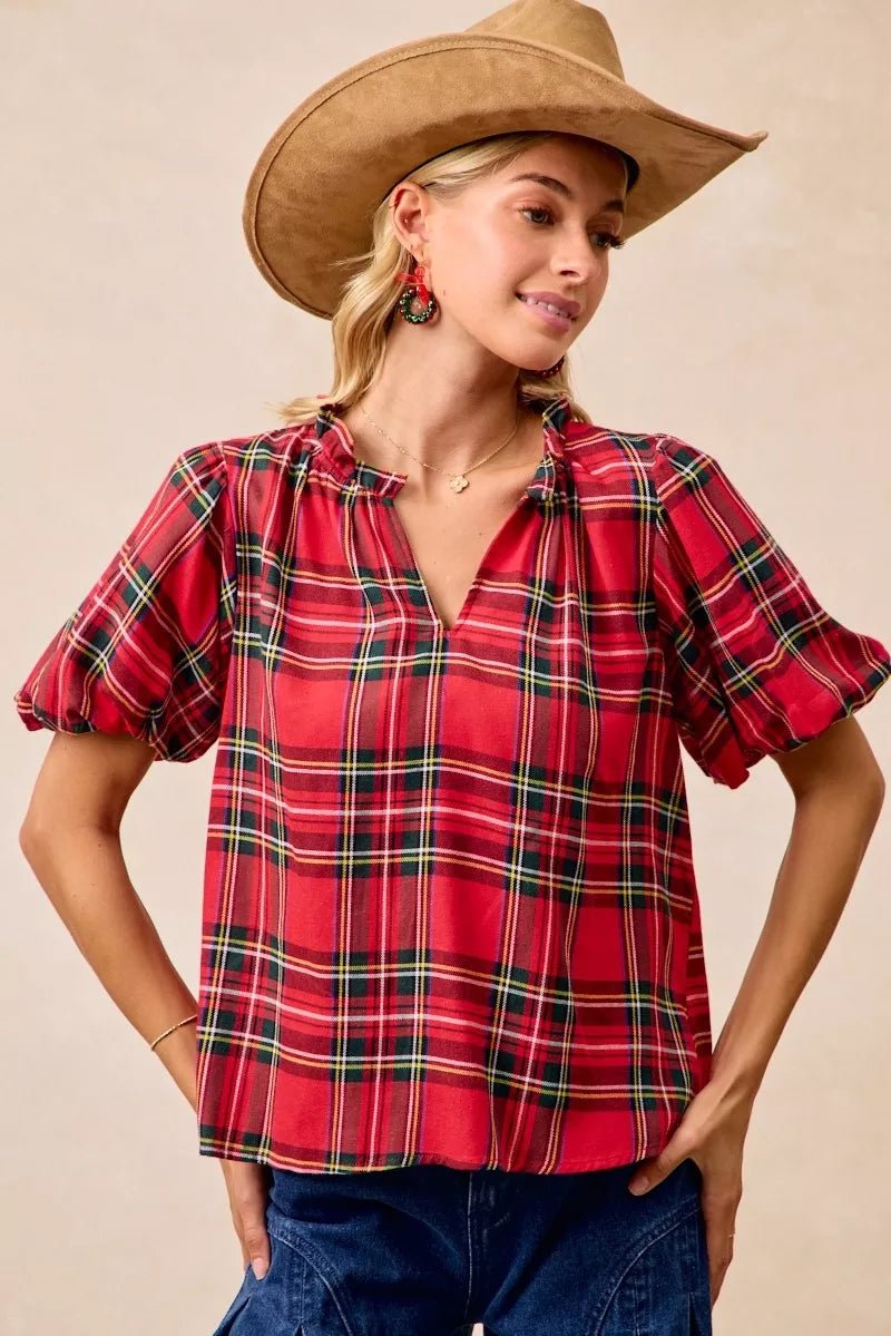 BiBi Christmas Plaid Short Sleeves Ruffled Blouse - Bitsy Gypsy Boutique