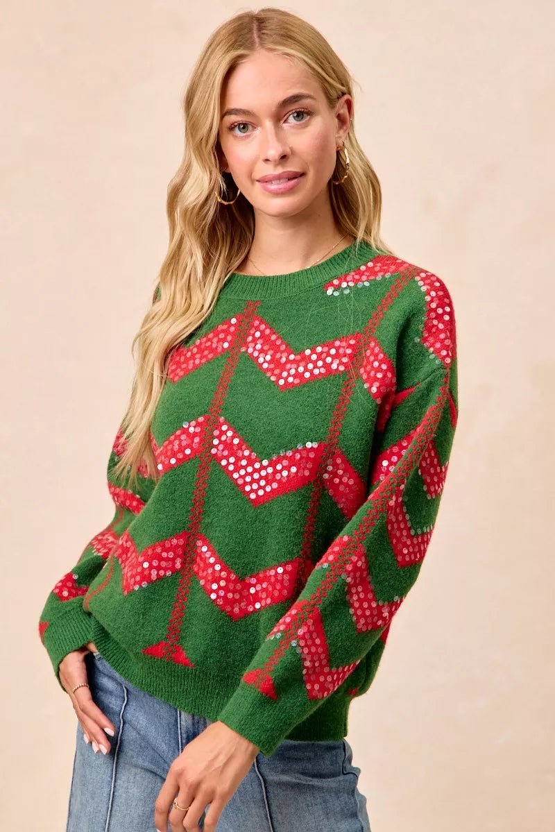 BiBi Christmas Theme Chevron Sequins Detail Sweater - Bitsy Gypsy Boutique