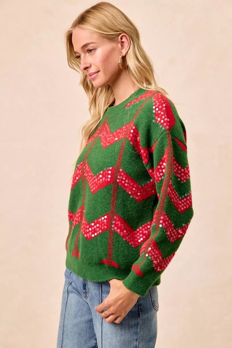 BiBi Christmas Theme Chevron Sequins Detail Sweater - Bitsy Gypsy Boutique