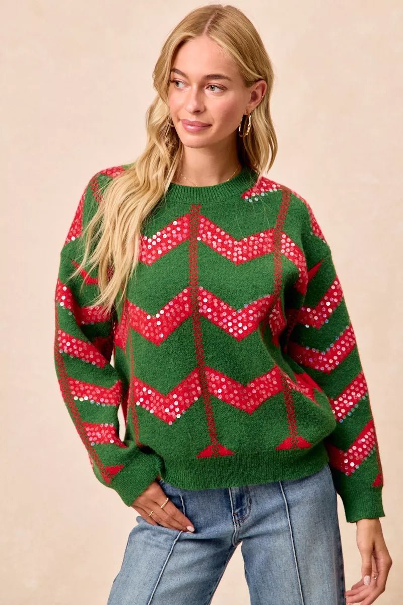 BiBi Christmas Theme Chevron Sequins Detail Sweater - Bitsy Gypsy Boutique