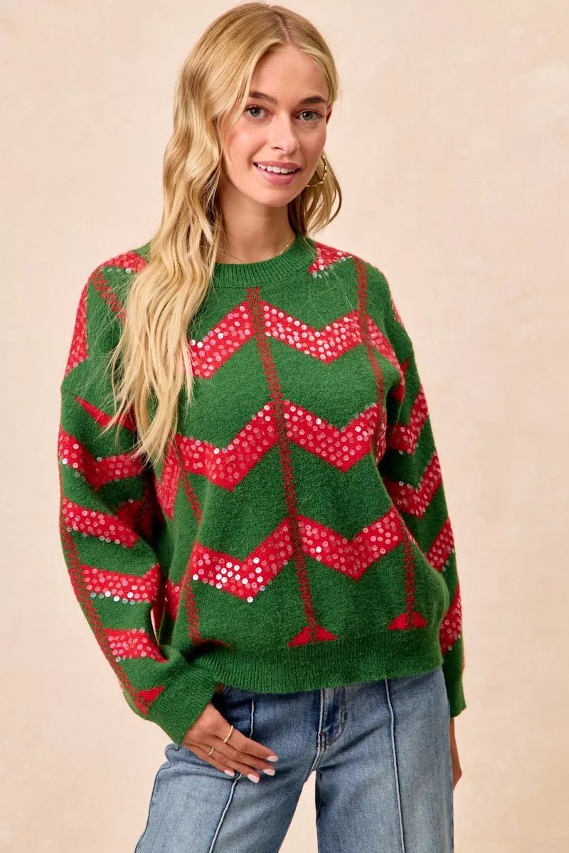 BiBi Christmas Theme Chevron Sequins Detail Sweater - Bitsy Gypsy Boutique