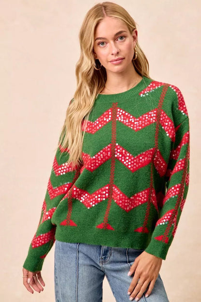 BiBi Christmas Theme Chevron Sequins Detail Sweater - Bitsy Gypsy Boutique
