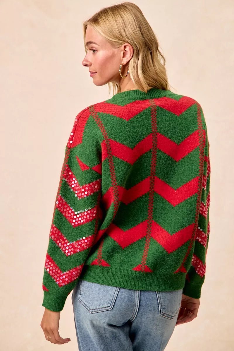 BiBi Christmas Theme Chevron Sequins Detail Sweater - Bitsy Gypsy Boutique