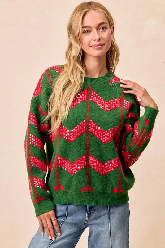 BiBi Christmas Theme Chevron Sequins Detail Sweater - Bitsy Gypsy Boutique