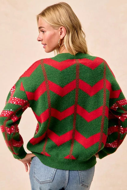 BiBi Christmas Theme Chevron Sequins Detail Sweater - Bitsy Gypsy Boutique