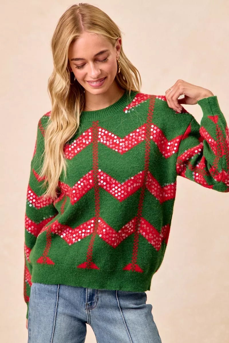BiBi Christmas Theme Chevron Sequins Detail Sweater - Bitsy Gypsy Boutique