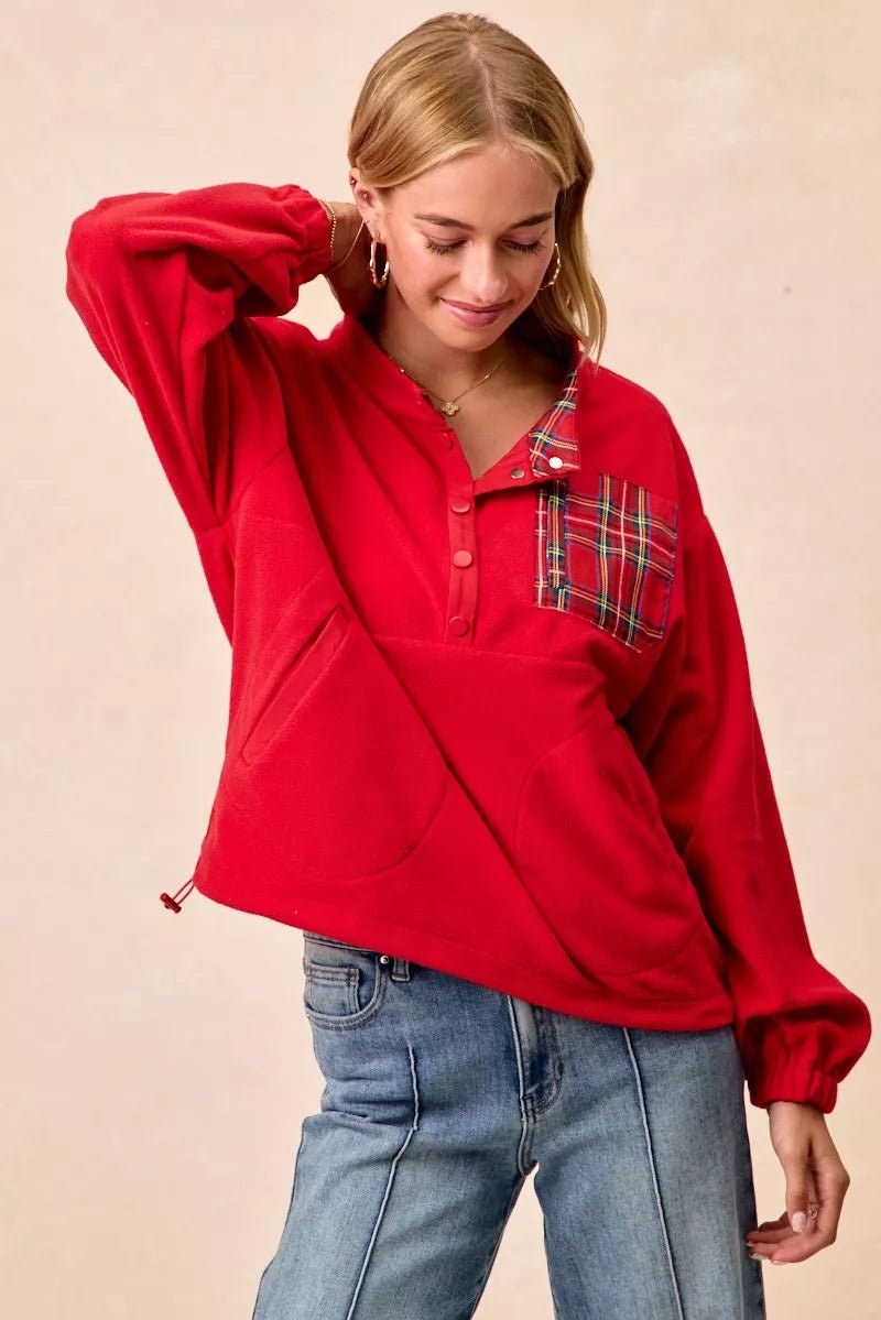 BiBi Christmas Theme Fleece Buttoned Top with Pockets - Bitsy Gypsy Boutique