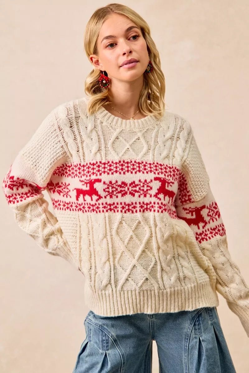 BiBi Christmas Theme Patterned Cable Knit Sweater - Bitsy Gypsy Boutique