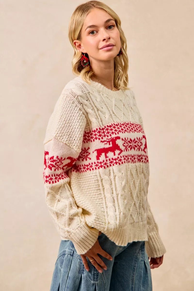 BiBi Christmas Theme Patterned Cable Knit Sweater - Bitsy Gypsy Boutique