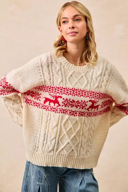 BiBi Christmas Theme Patterned Cable Knit Sweater - Bitsy Gypsy Boutique