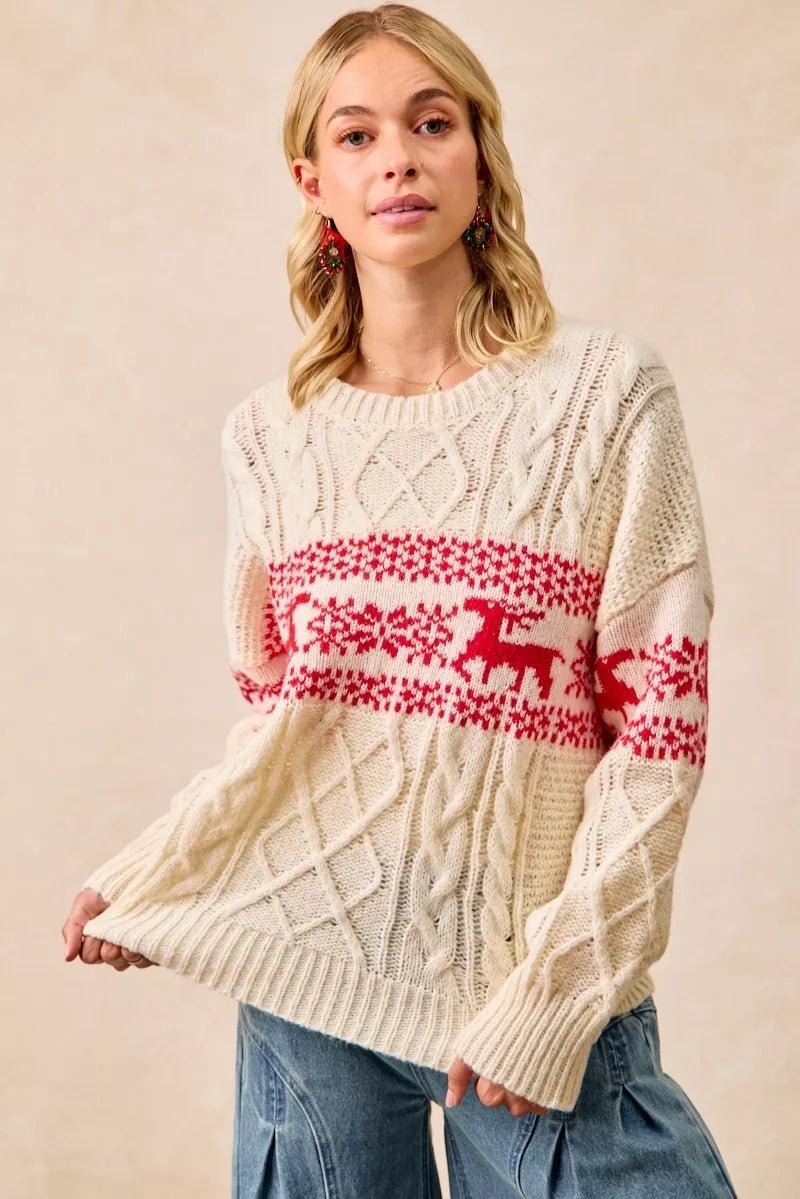 BiBi Christmas Theme Patterned Cable Knit Sweater - Bitsy Gypsy Boutique