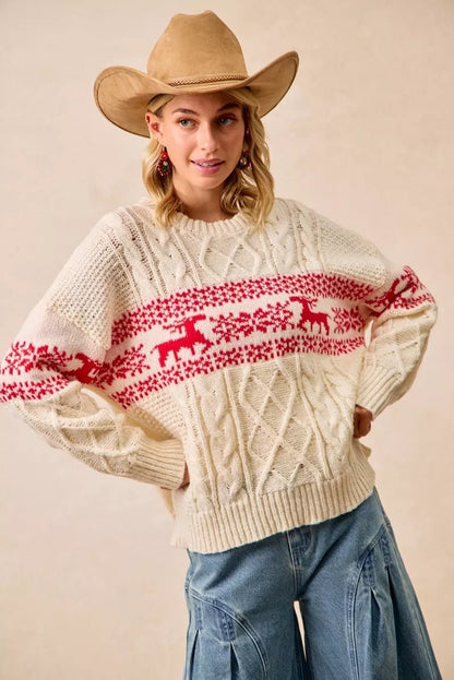 BiBi Christmas Theme Patterned Cable Knit Sweater - Bitsy Gypsy Boutique