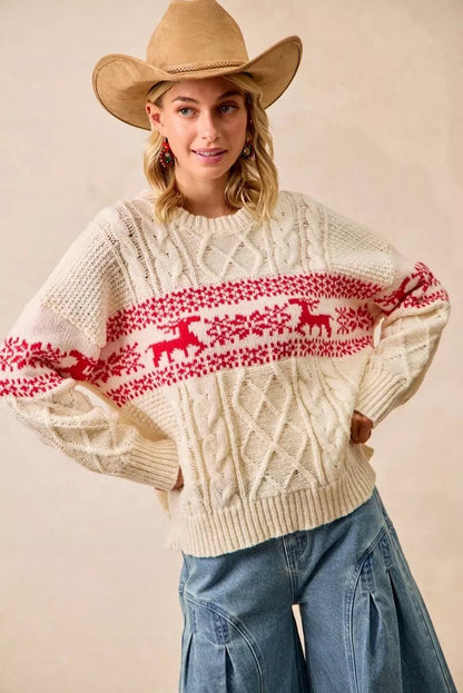 BiBi Christmas Theme Patterned Cable Knit Sweater - Bitsy Gypsy Boutique