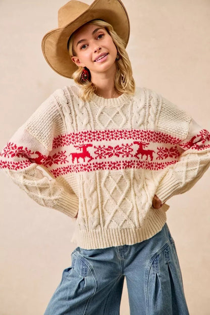 BiBi Christmas Theme Patterned Cable Knit Sweater - Bitsy Gypsy Boutique
