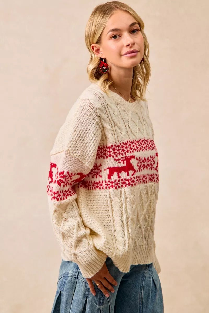 BiBi Christmas Theme Patterned Cable Knit Sweater - Bitsy Gypsy Boutique
