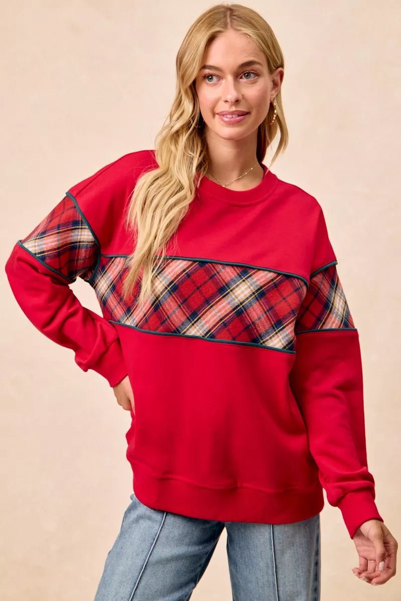 BiBi Christmas Theme Plaid Block Sweatshirt with Binding - Bitsy Gypsy Boutique