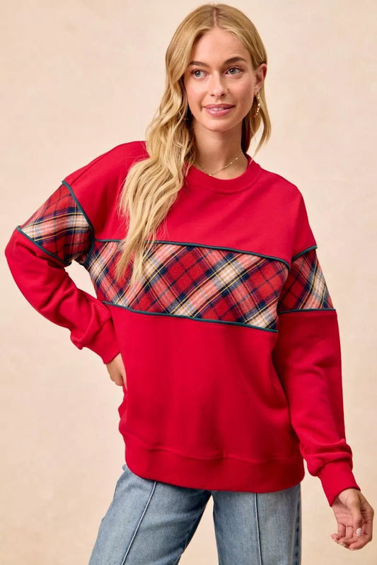 BiBi Christmas Theme Plaid Block Sweatshirt with Binding - Bitsy Gypsy Boutique
