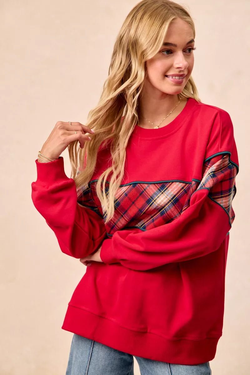 BiBi Christmas Theme Plaid Block Sweatshirt with Binding - Bitsy Gypsy Boutique