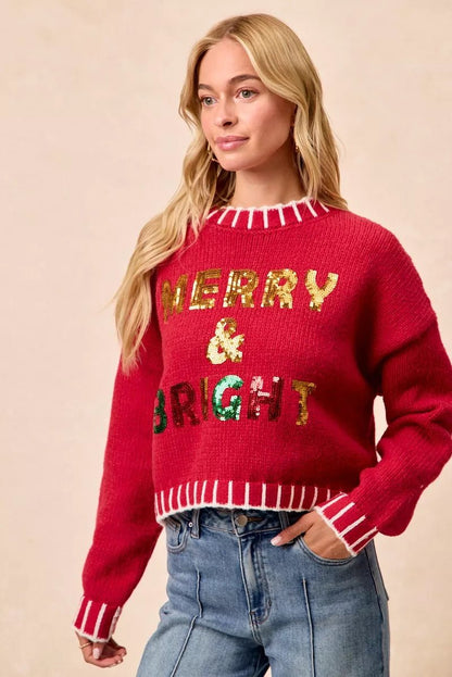 BiBi Christmas Theme Sequin Lattering Sweater - Bitsy Gypsy Boutique