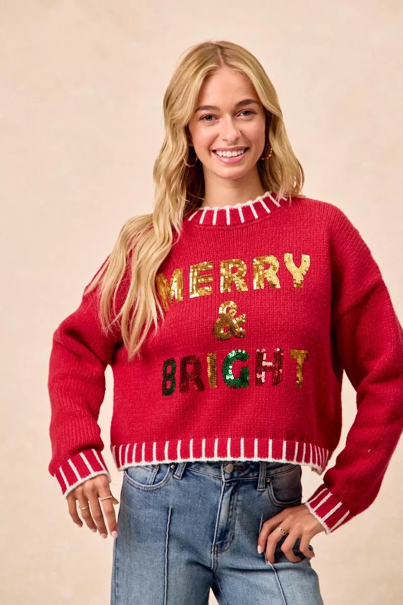 BiBi Christmas Theme Sequin Lattering Sweater - Bitsy Gypsy Boutique