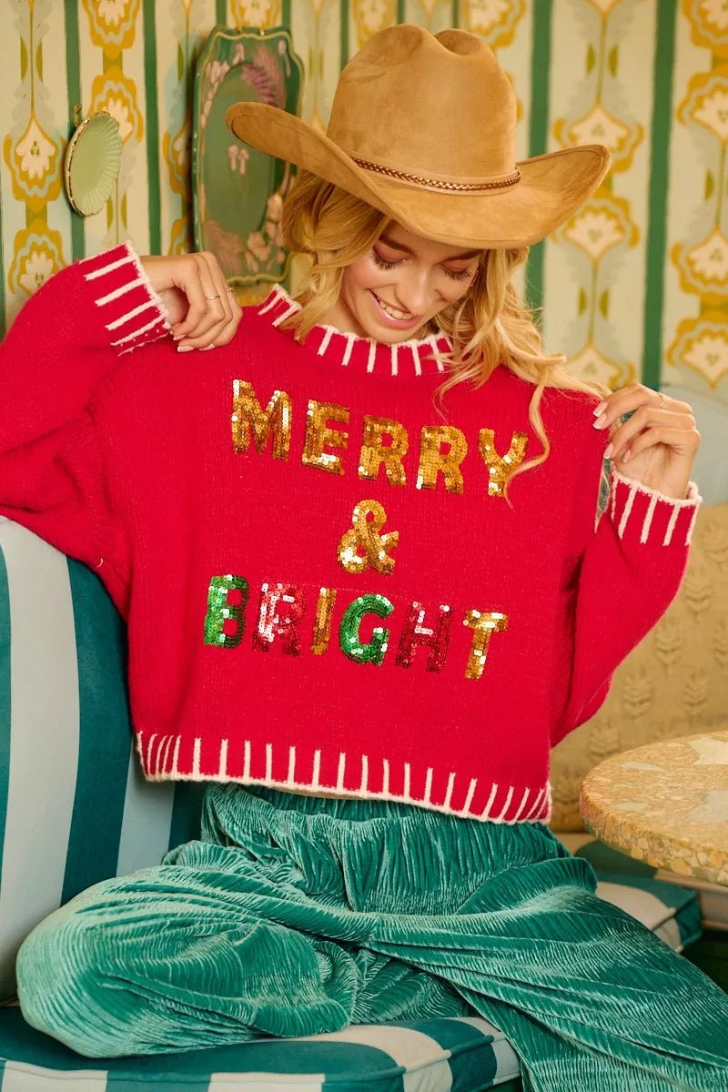 BiBi Christmas Theme Sequin Lattering Sweater - Bitsy Gypsy Boutique