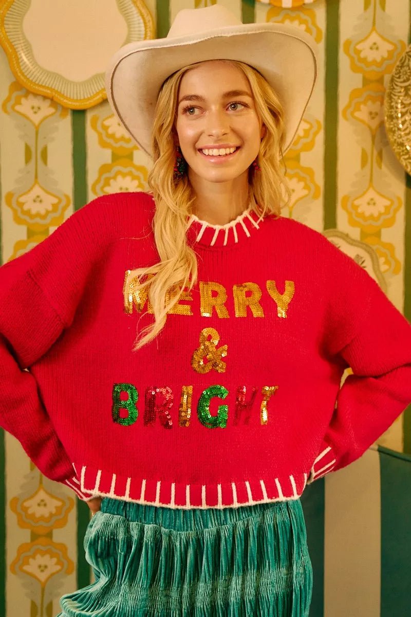 BiBi Christmas Theme Sequin Lattering Sweater - Bitsy Gypsy Boutique