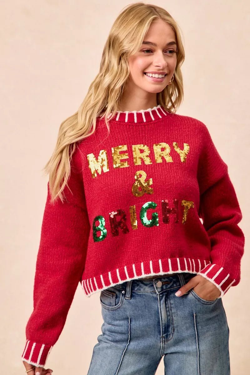 BiBi Christmas Theme Sequin Lattering Sweater - Bitsy Gypsy Boutique
