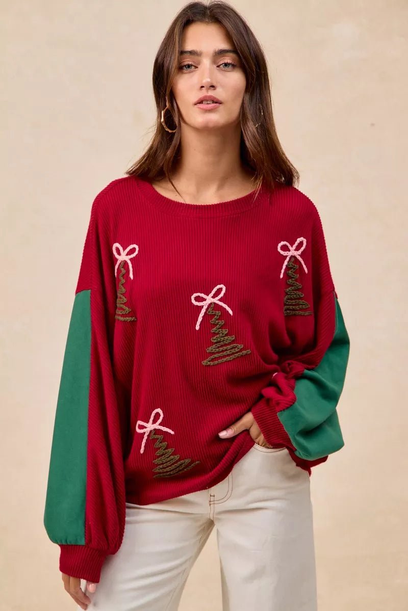 BiBi Christmas Theme Tree Embroidered Sweater - Bitsy Gypsy Boutique