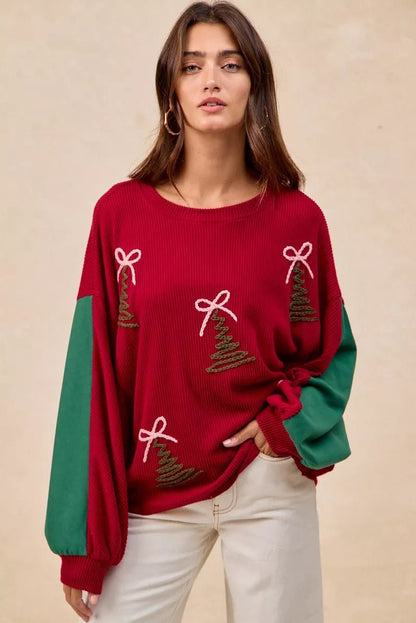 BiBi Christmas Theme Tree Embroidered Sweater - Bitsy Gypsy Boutique