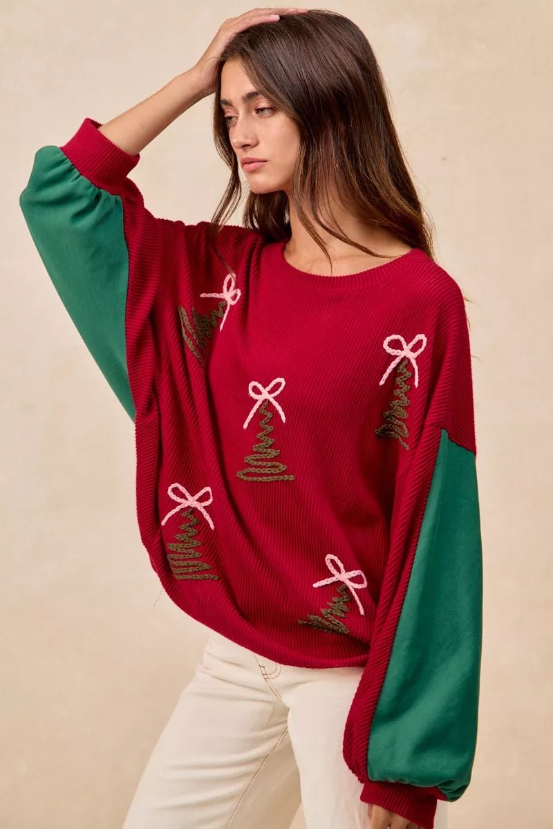 BiBi Christmas Theme Tree Embroidered Sweater - Bitsy Gypsy Boutique