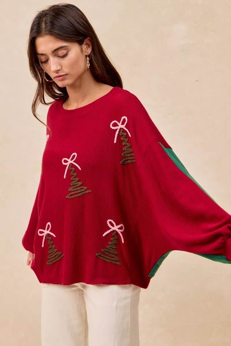 BiBi Christmas Theme Tree Embroidered Sweater - Bitsy Gypsy Boutique