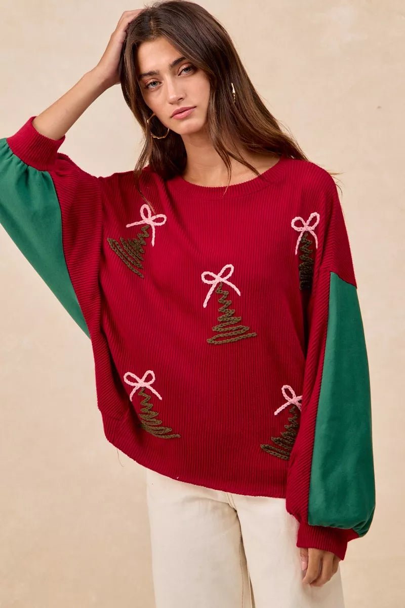 BiBi Christmas Theme Tree Embroidered Sweater - Bitsy Gypsy Boutique