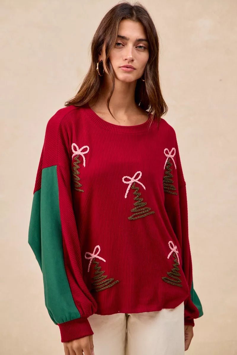 BiBi Christmas Theme Tree Embroidered Sweater - Bitsy Gypsy Boutique
