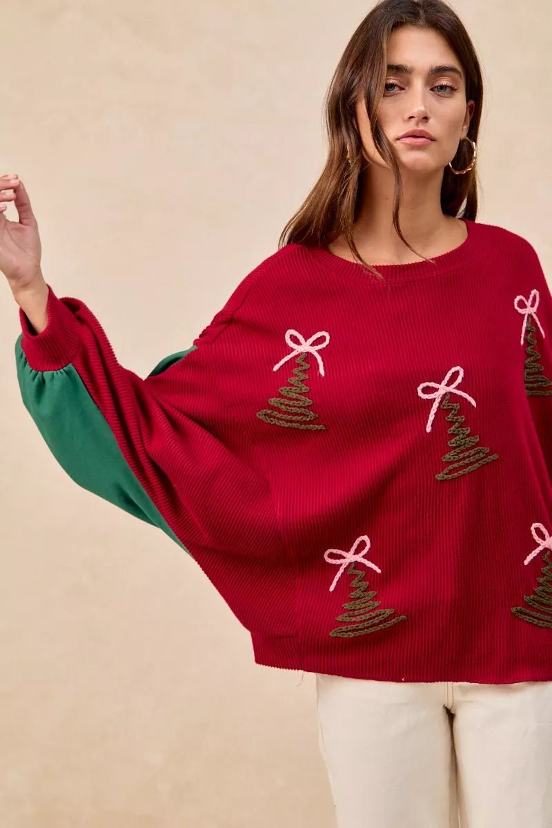 BiBi Christmas Theme Tree Embroidered Sweater - Bitsy Gypsy Boutique