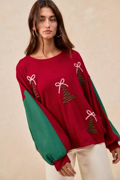 BiBi Christmas Theme Tree Embroidered Sweater - Bitsy Gypsy Boutique
