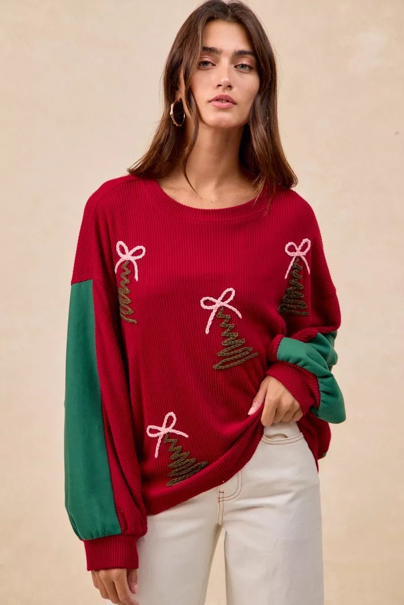 BiBi Christmas Theme Tree Embroidered Sweater - Bitsy Gypsy Boutique