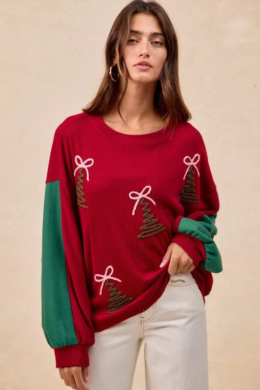 BiBi Christmas Theme Tree Embroidered Sweater - Bitsy Gypsy Boutique