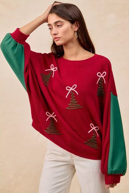 BiBi Christmas Theme Tree Embroidered Sweater - Bitsy Gypsy Boutique