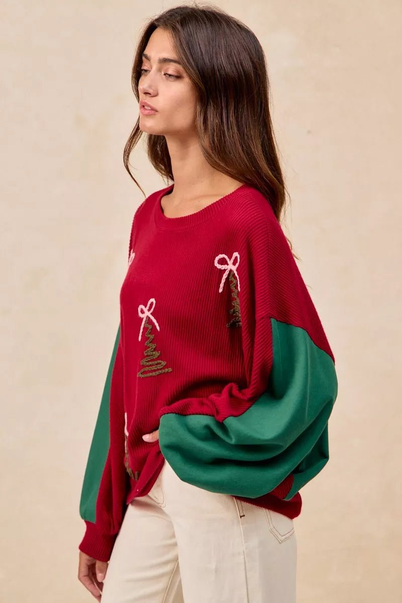 BiBi Christmas Theme Tree Embroidered Sweater - Bitsy Gypsy Boutique