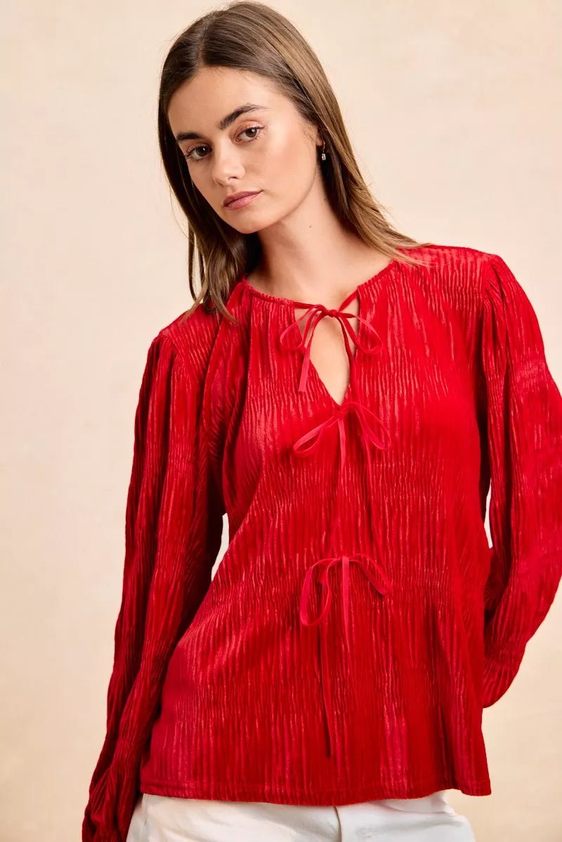 BiBi Christmas Theme Velvet Bow Tied Top With Neck Drop - Bitsy Gypsy Boutique