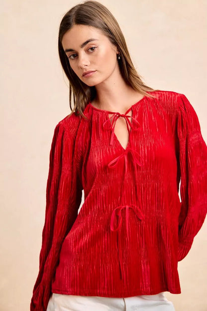 BiBi Christmas Theme Velvet Bow Tied Top With Neck Drop - Bitsy Gypsy Boutique