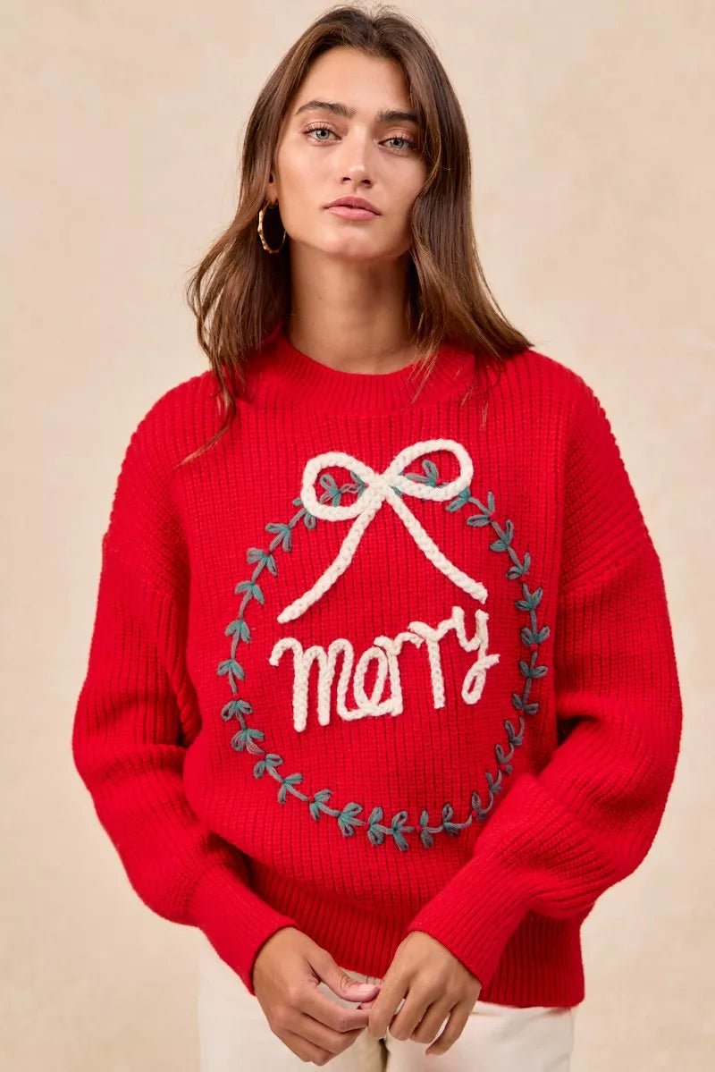 BiBi Christmas Wreath Merry Letter Knit Top - Bitsy Gypsy Boutique
