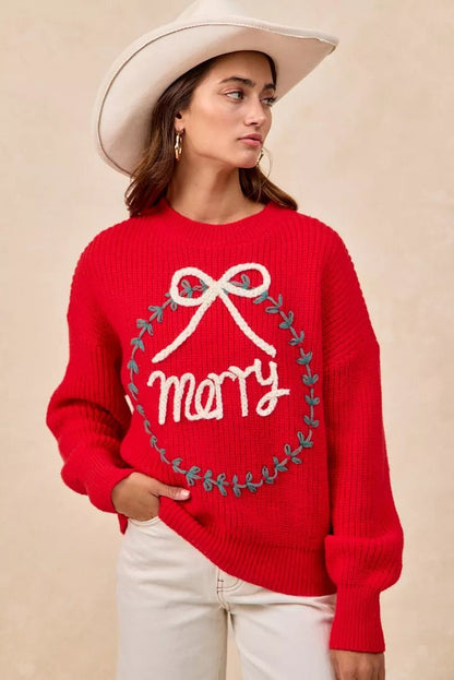 BiBi Christmas Wreath Merry Letter Knit Top - Bitsy Gypsy Boutique
