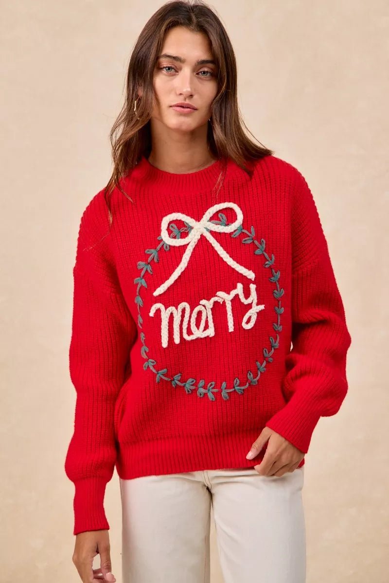 BiBi Christmas Wreath Merry Letter Knit Top - Bitsy Gypsy Boutique
