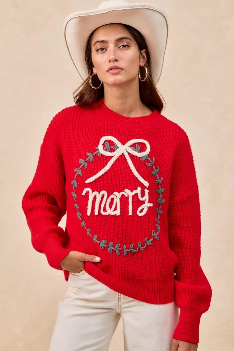 BiBi Christmas Wreath Merry Letter Knit Top - Bitsy Gypsy Boutique