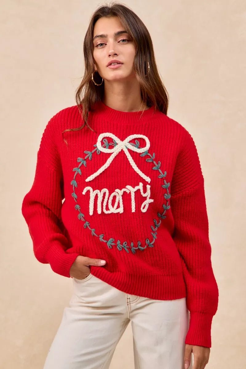 BiBi Christmas Wreath Merry Letter Knit Top - Bitsy Gypsy Boutique